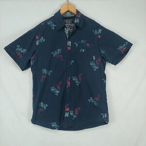 Broken Threads Button Down Blue Vtg Art Deco Pink Flamingo Shirt Med